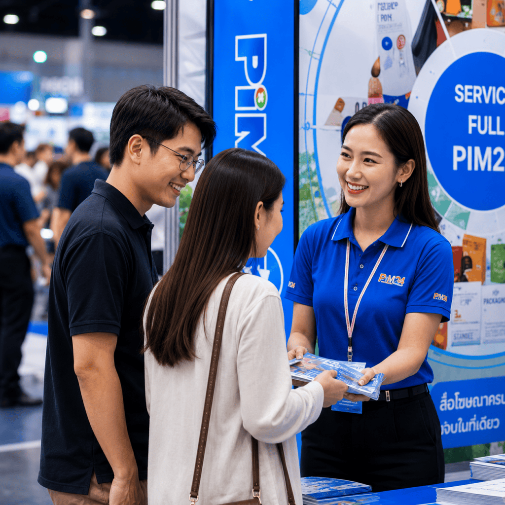พนักงาน PIM24 ให้คำปรึกษาด้านงานพิมพ์ ป้ายโฆษณา และอุปกรณ์ออกบูธแก่ผู้เข้าชมงาน Franchise Expo Thailand 2026 พร้อมโปรโมชันลด 20% เฉพาะภายในงาน ที่บูธ H23 ฮอลล์ 6–8 อิมแพ็ค เมืองทองธานี วันที่ 6–9 สิงหาคม 2569