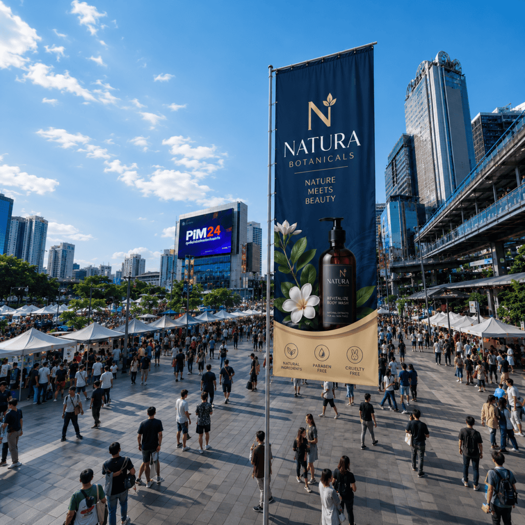 Giant Flag ธงยักษ์ ราคาเริ่มต้น 3,900 บาท ผ้า Polyester คุณภาพสูง พิมพ์ได้ทั้ง 1 และ 2 ด้าน ฐานถังน้ำ มีขนาด5และ7เมตร