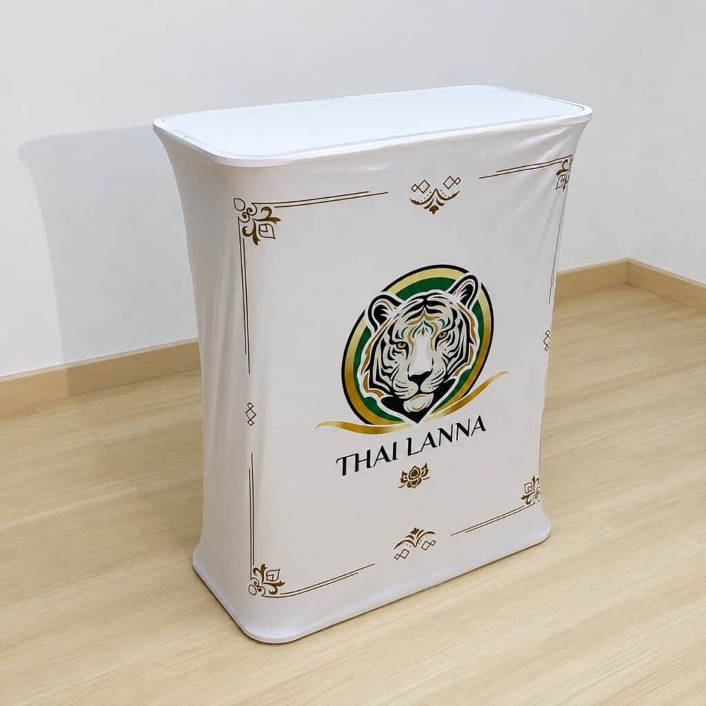 เคาน์เตอร์บูธผ้า (Counter Booth Fabric) น้ำหนักเบา ถอดประกอบง่าย พกพาสะดวก ราคาเริ่มต้น 4,750.-