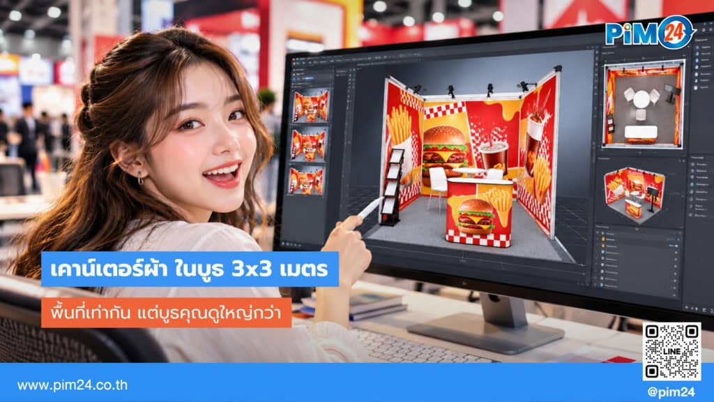 พื้นที่เท่ากัน แต่บูธดูใหญ่กว่า: จัดเคาน์เตอร์ผ้าในบูธ 3x3 | PIM24